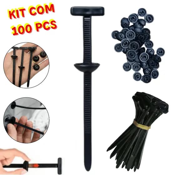 Kit 100 Abraçadeiras Nylon Enforca Gato Tipo T Travamento Automático Universal Para-choque Carro