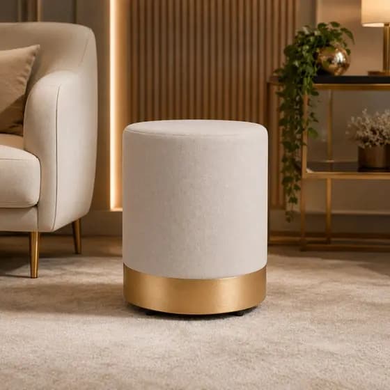 Puff Redondo Premium Com Base Dourada Prata Rose Em Tecido Suede Suporta até 120kg