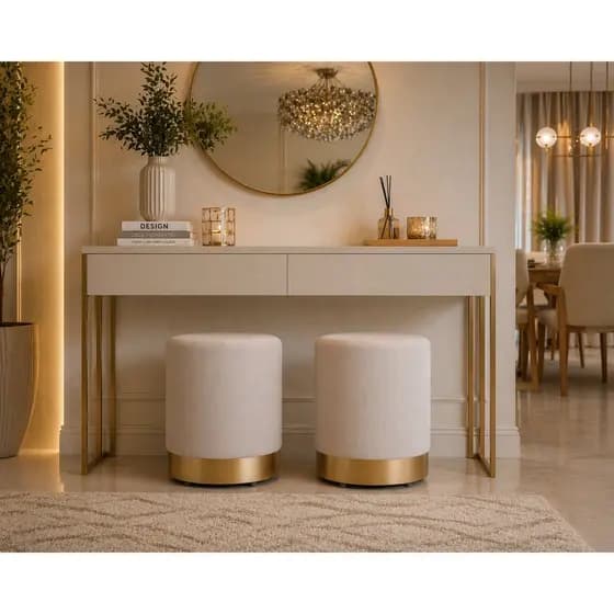 Puff Redondo Decorativo Suede Premium Base Dourada/Prata/Rose Sala Quarto Penteadeira Suporta 120kg - Kit Com 2 Unidades