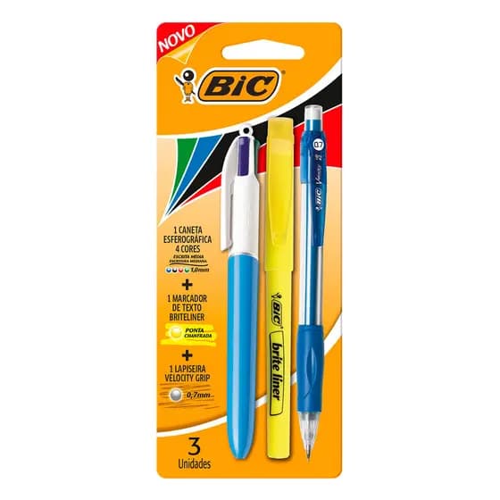 Kit Universidade caneta retrátil 4 cores + marca texto + lapiseira Bic