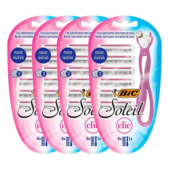 Kit 4 peças depilador Soleil Clic Rosa + 6 lâminas Recarregáveis Bic