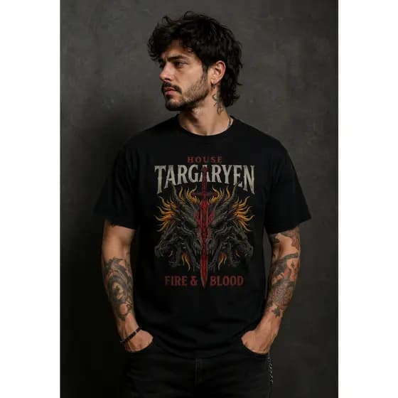 Camiseta House Targaryen Fire & Blood Masculina Preta Geek Dragon Medieval Premium