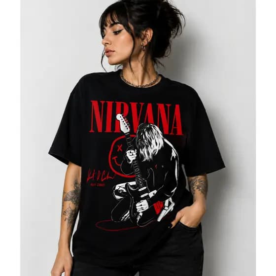Camiseta Nirvana Rock Grunge Estampa Vermelha Kurt Cobain Camiseta Preta Premium 100% Algodão