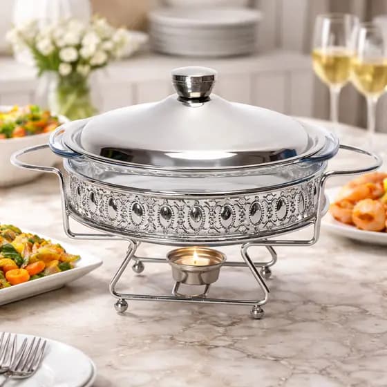 Rechaud Em Vidro Classico Redondo Prateado Tampa Inox Gourmet