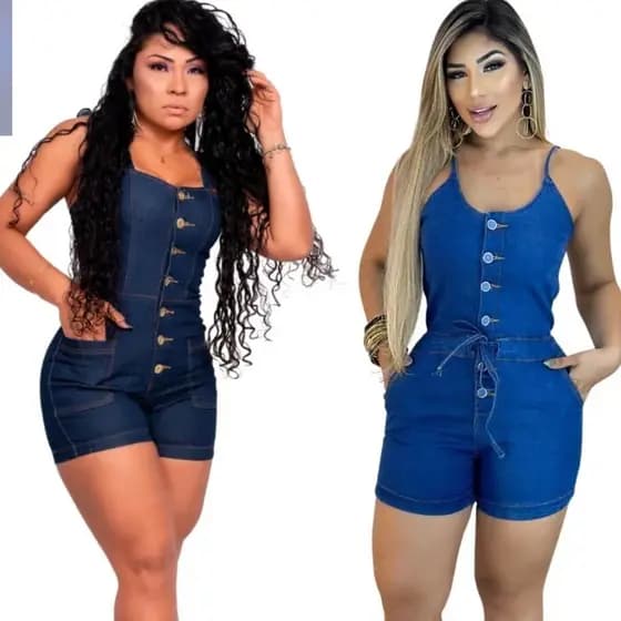Kit 2 Macaquinhos Jeans Feminino com Botões Lavagens com Lycra