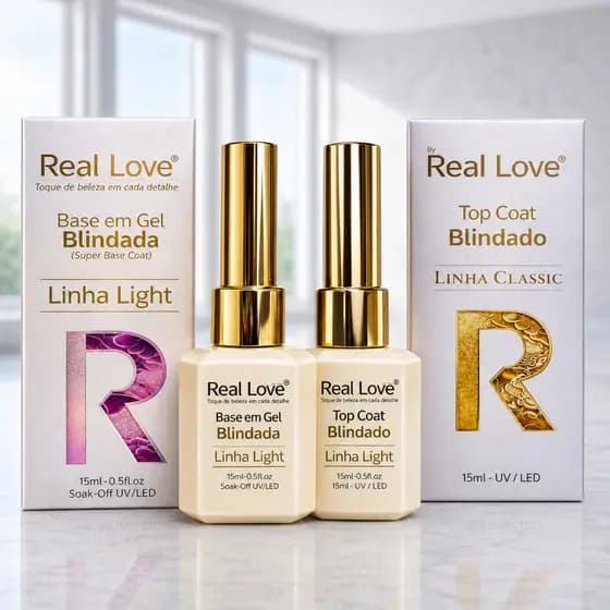 Preparadores De Unha Em Gel Real Love 15ml - Top Coat Blindado + Base em Gel Blindada