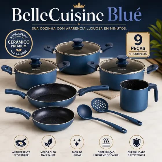 BelleCuisine Blué™ Jogo de Panelas 9 Peças Antiaderente Cerâmico Azul Premium Ultra Resistente