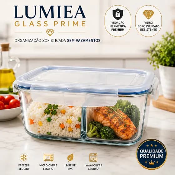 Lumiea Glass Prime Pote Hermético Vidro Borossilicato 1520ml Com Divisória Anti Vazamento Premium