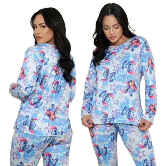 Pijama Feminino Suede Lilo e Stitch anga Longa Calça Promoção Qualidade