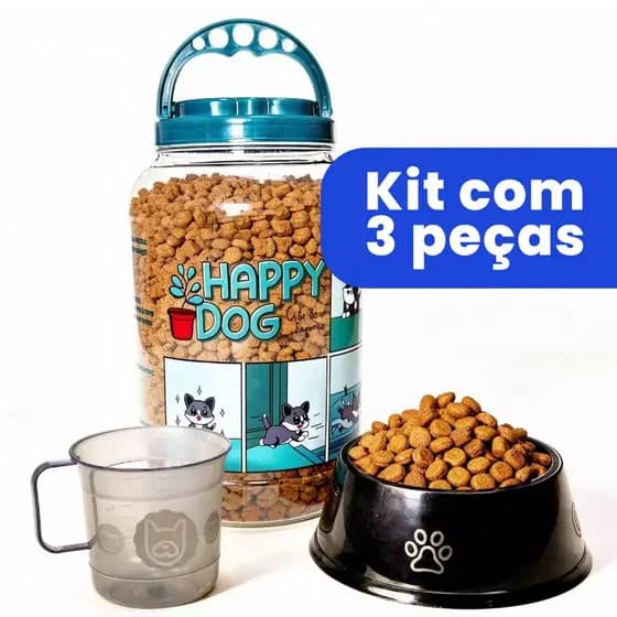 Kit Pote Ração 3,6L Dog Cachorro Tampa com Rosca + Comedor + Caneca Dosadora