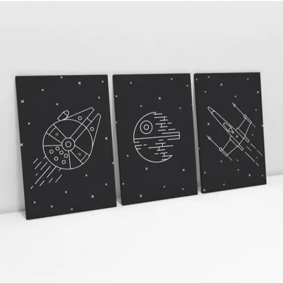 Quadros Decorativos 3 peças Star wars preto e branco pra sua casa 50x70