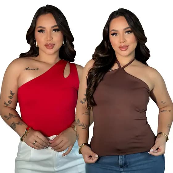 kit 2 Blusa Feminina Básica Um Ombro Só e outra Frente Única em Suplex Forro Duplo