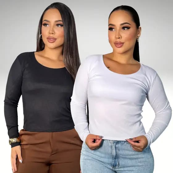Kit 2 Blusas De Frio Feminina Plus Size Gola Em U Manga Longa Inverno