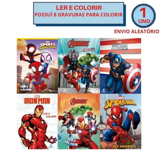 Livro Ler e Colorir Marvel Homem Aranha Hulk Homem de Ferro Capitão América Culturama 8 Páginas