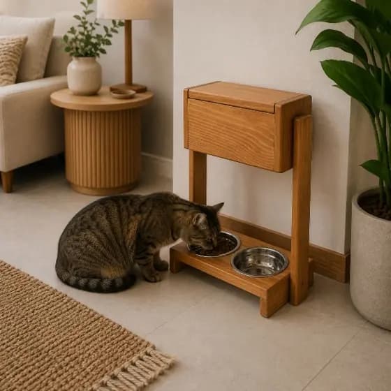 Comedouro Elevado com Porta Ração em Madeira Maciça para Gatos e Cães de Pequeno Porte – 2 Potes em Inox