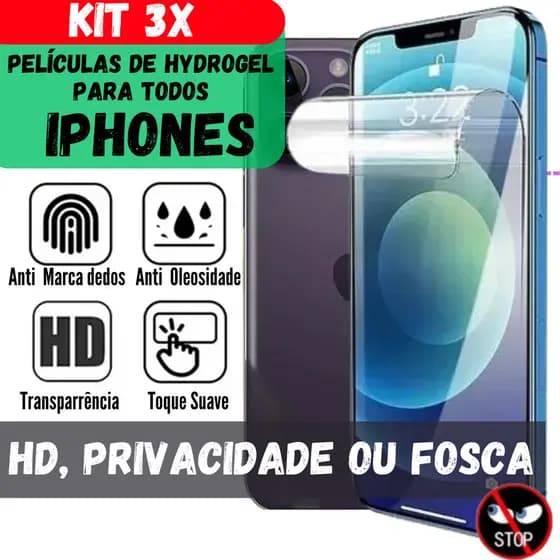 3 Películas Hidrogel HD, Privacidade ou Fosca P/ iPhone 17, 16, 15, 14, 13, 12, 11 8, 7, Mini, XR, X, XS Pro Max, Plus,