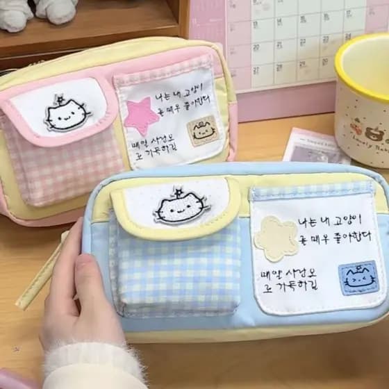 Estojo de Gato Xadrez- Necessaire Escolar Japonesa Estilosa para Meninas, Grande Capacidade