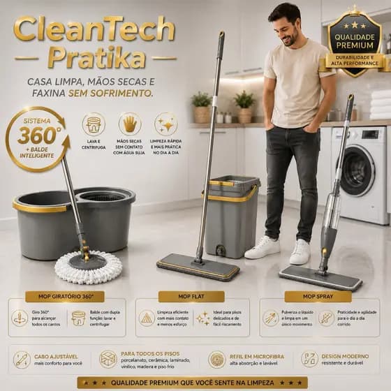 Mop Giratório 360 Balde13L Mop Flat Balde5L Mop Spray CleanTech Pratika Limpeza Rápida Para Casa