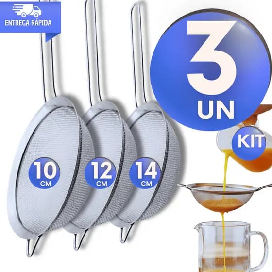 Kit Peneiras Coador Aço Inox 10cm/12cm e 14 cm Sucos Leites Farinhas Grãos Cozinha Restaurante Utensílios