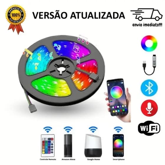 Fita Led Rgb Controle via Alexa Inteligente Wifi Bluetooth 5050, 5M, 10M, 15M, 20M App + Controle Remoto + Fonte / Envio Imediato