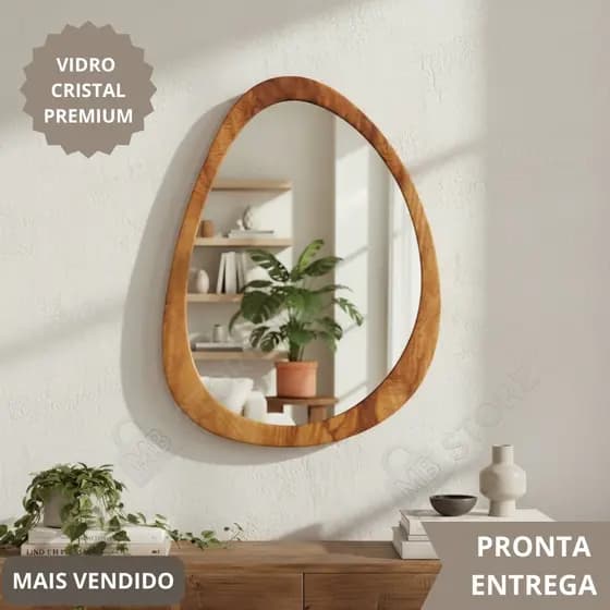 Espelho Organico Oval Grande 80X60cm Moldura em Madeira Natural Luxuoso