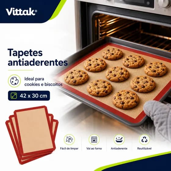 Vittak Tapete Culinário de Silicone e Fibra de Vidro 42x30cm Antiaderente para Forno, Assar, Airfryer e Freezer