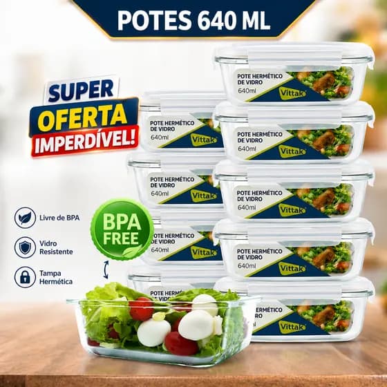 Vittak Kit Potes De Vidro 640ml Hermético Retangular Marmita Fit Com Tampa 4 Travas - 2, 3, 4, 5 e 10 Unidades