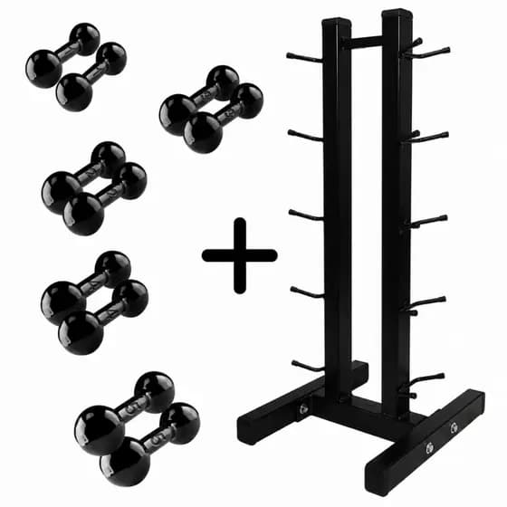 Kit Halteres Emborrachados Pares de 1Kg ao 5Kg com Suporte Aço Carbono Halteres de Varias Cores