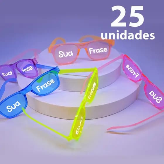 Kit 25 Óculos Festa Cristal Colorido Personalizado Frase Carnaval Balada Brilho Atacado