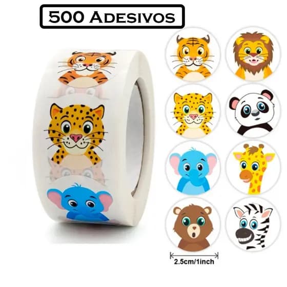 Rolo 500 Adesivo Animais Safari Infantil Menino Menina Bichinhos Fofos Diversos Escolar Crianças