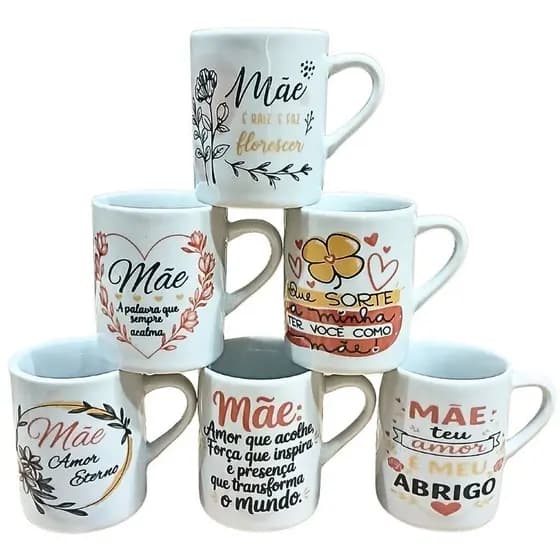 Kit Jogo 6 Canecas Frases Mãe 120ml - Porcelana