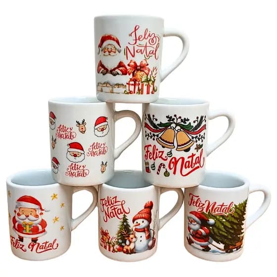 Kit Jogo 6 Canecas Natal 120ml - Porcelana