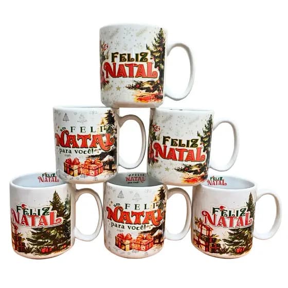 Kit Jogo 6 Canecas 300ml Natal - Porcelana
