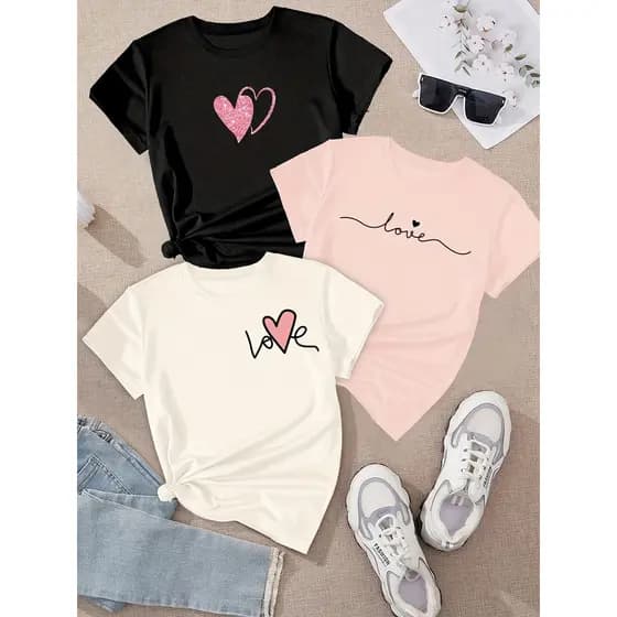 Kit 3 Camiseta Love Feminina - Tops de Manga Curta para Todas as Ocasiões