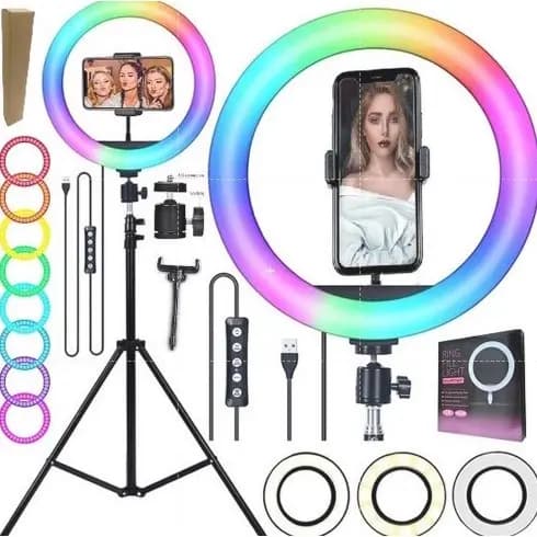 Ring Light Colorido 10 ou 18 Polegadas 45cm com Tripe 2,10mt - Kit YouTuber RGB