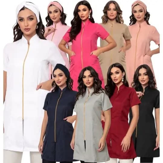 Jaleco Feminino Manga Curta Ziper + Turbante Malta Várias Cores Gardenia Jalecos
