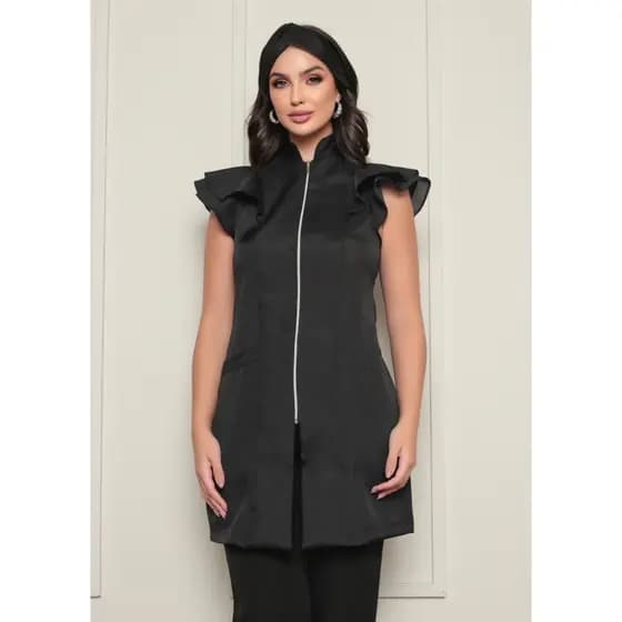 Jaleco Feminino Manga Curta Valentina Oxford Zíper Preto Gardenia Jalecos