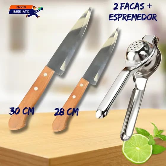 FACAS INOX CABO MADEIRA CARNES LEGUMES CHURRASCO DE 7" E 6" E ESPREMEDOR LIMÃO SUCOS CAIPIRINHA