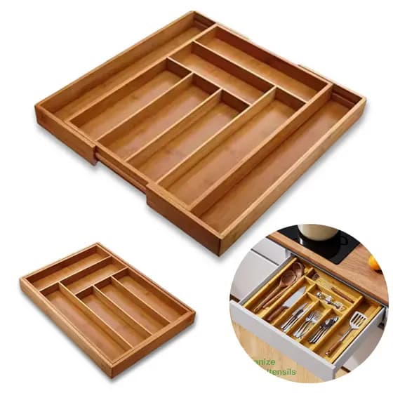 Porta Talher Bambu Grande Extensivel Gaveta 8 Divisoria Organizador Porta Talheres Madeira Cozinha
