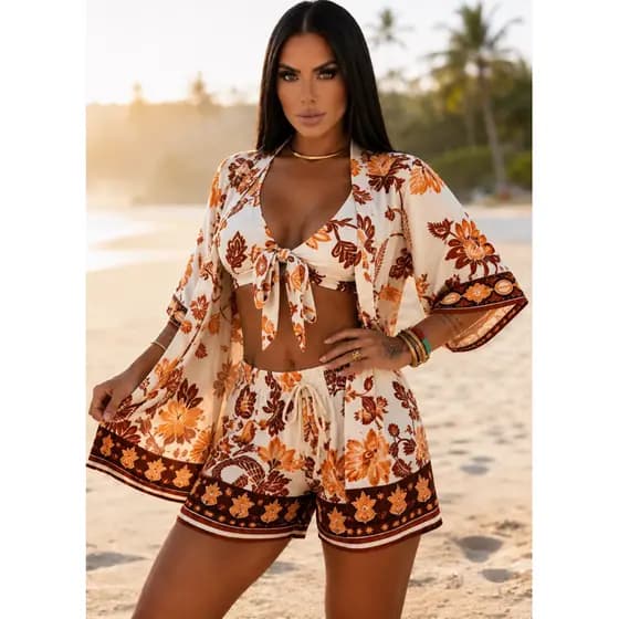 Conjunto Kimono Gringa Feminino Short Top com Bojo Viscolinho Blogueira Casual