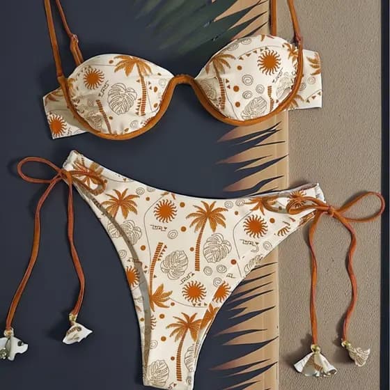 2025 anel de aço estampado com cordão amarrado maiô praia conjunto de 2 peças Biquini Feminino