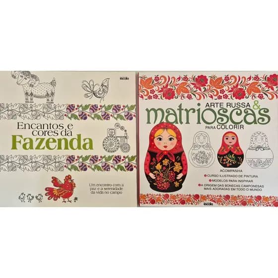 Kit 2 Livros para Colorir: Encantos e Cores da Fazenda e Arte Russa & Matrioscas - Adulto