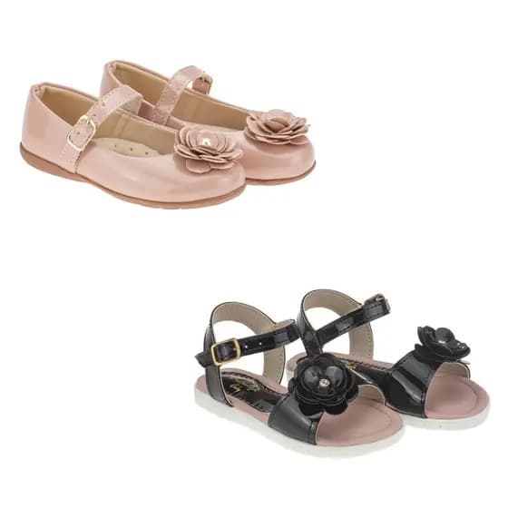 Kit 2 Pares Sapatilha e Sandália Menina Flor Nude Preto Branco Infantil Feminina Casual Festa Confortavel Daminha Macio