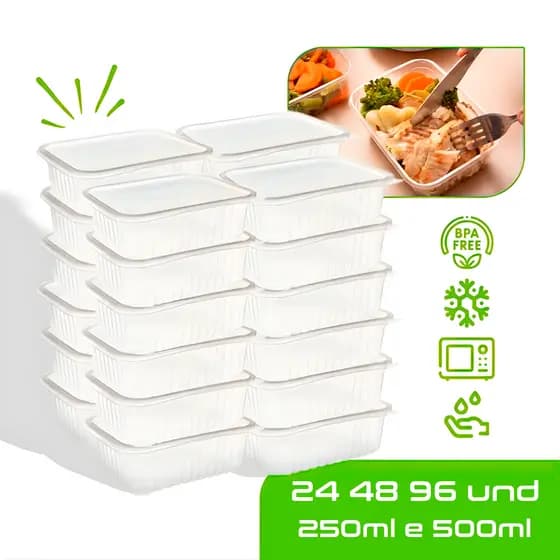 Marmitas Fit Pote Descartável Retangular Plástico Freezer Microondas com Tampas