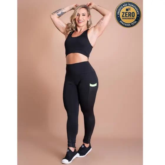 Conjunto Fitness Feminino Calça Legging Cintura Alta Bolso Cirrê E Top Nadador Liso Básico Academia Treino DRB Modas