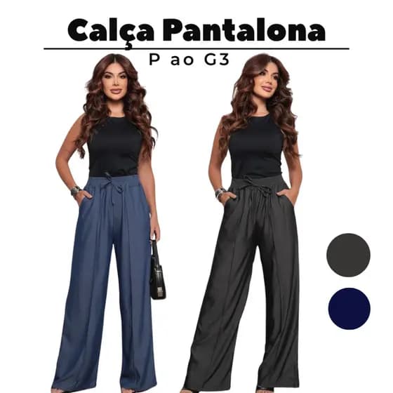 Calça Pantalona Feminina Tecido Tencel Chambray Cintura Alta P ao G3