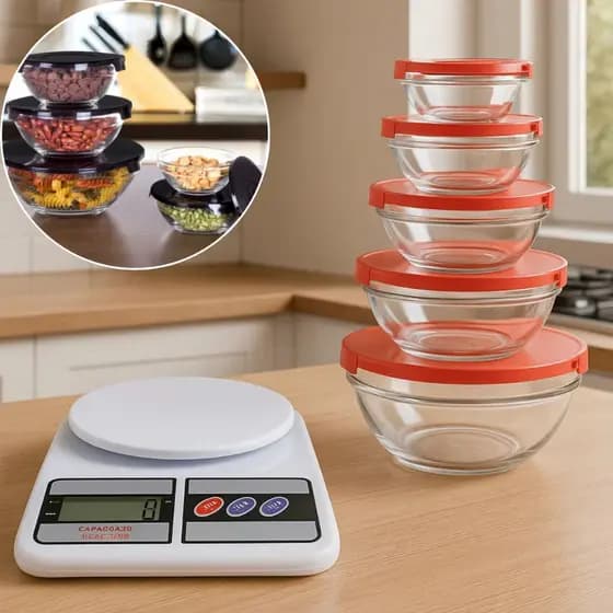 Kit Balança Digital Cozinha 10kg Precisão + Conjunto 5 Potes Vidro Tampa Bowl Preto Vermelho
