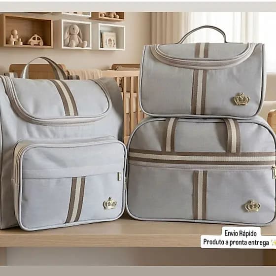 Kit Classic Bege Bolsas Maternidade 03 Peças Bege Creme com Faixa Marrom
