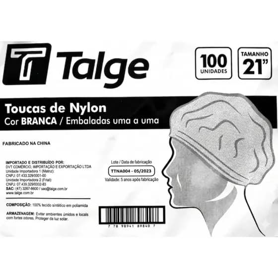 Touca Nylon Branca Reutilizavel Tamanho 21'' Pct 100un Talge