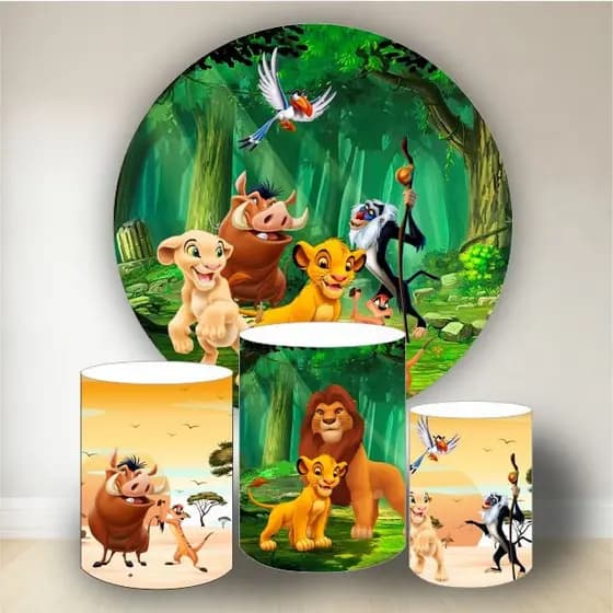 Kit Decorativo Infantil Rei Leão Capa Painel Redondo + Capas Cilindros Veste Fácil/Fazemos qualquer tema